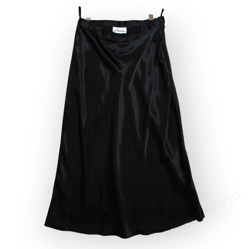 XS/S Black 90s Vintage Harlow Satin Midi Slip Skirt Bias Cut Side Zip Minimalist